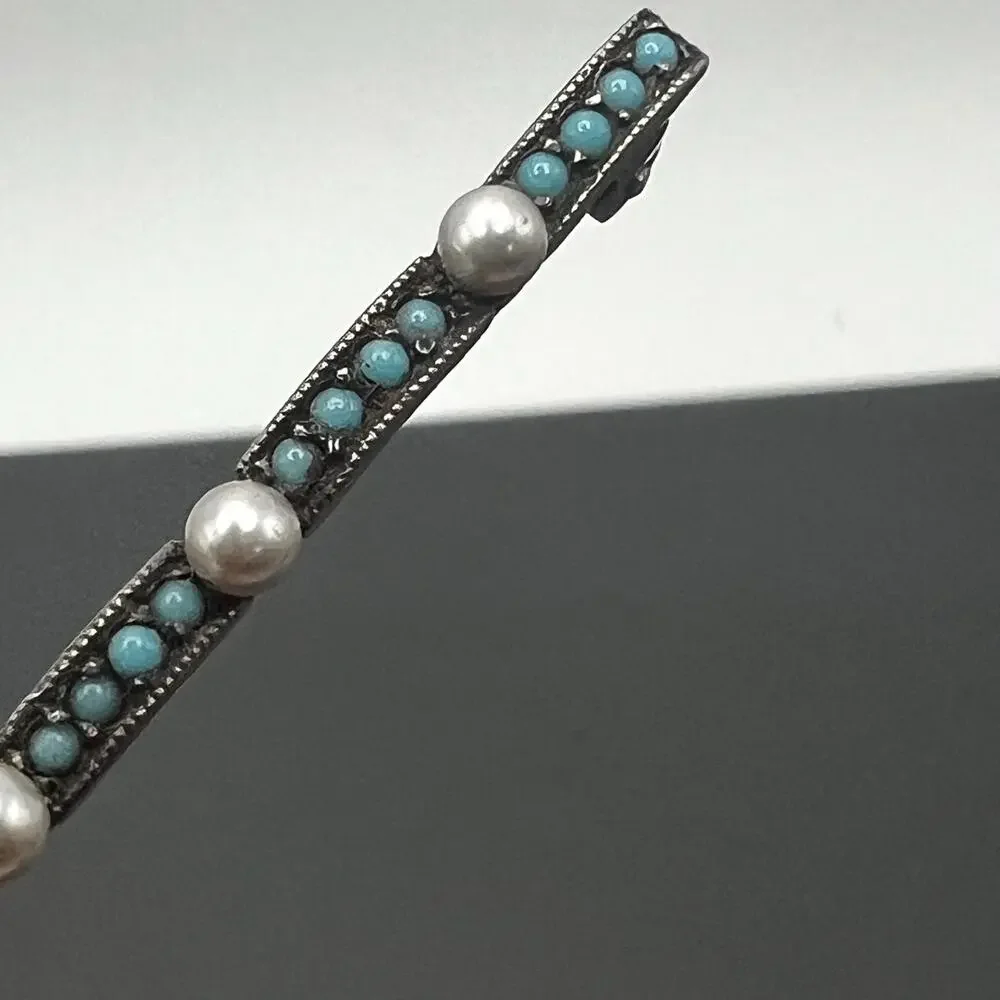 Antique Sterling silver Faux Turquoise and Pearl Bar pin Brooch